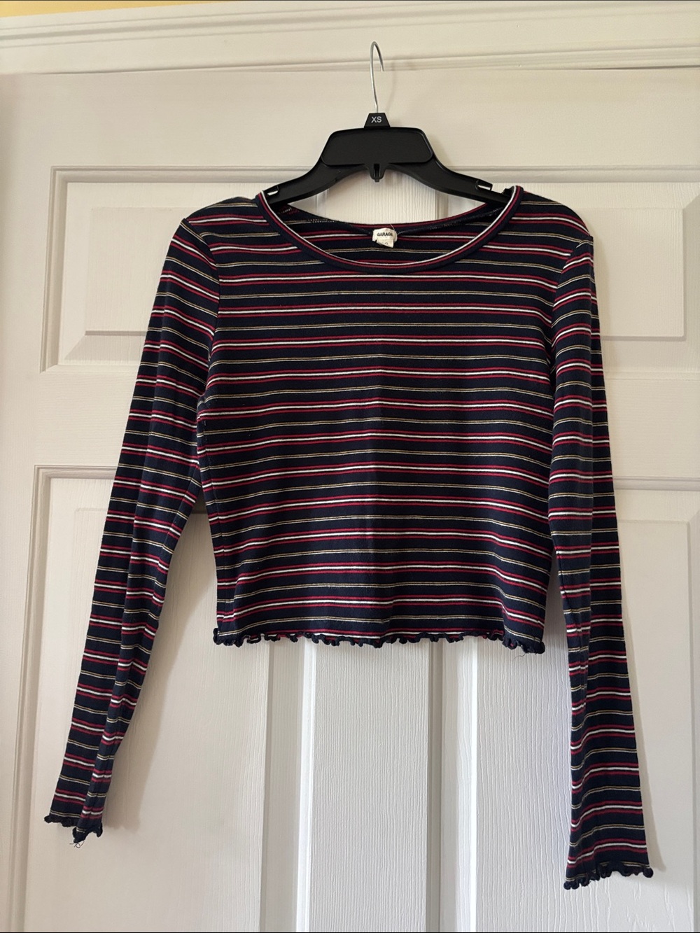 Garage Navy Striped Long-Sleeve Crop Top with Red & White Accents